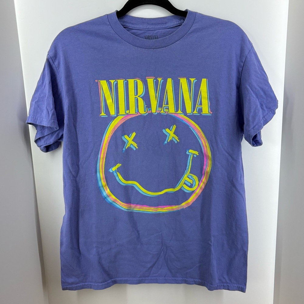 Nirvana Purple T-Shirt, Women's Size Medium, Pink+Yellow+Blue Design on Front